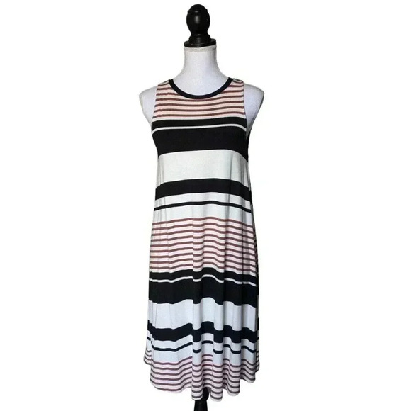 Ann Taylor Loft Brown Black Cream Striped Tie Back Swing Dress Size XS Rayon - Picture 1 of 6